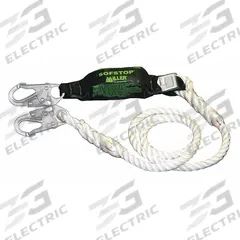 MILLER BY PIP Shock-Absorbing Lanyard: Shock Pack, Steel Snap Hook, Steel Snap Hook, 310 lb Capacity (MPN 901RLS-8-Z7/6FTWH). Key specifications — Brand: MILLER BY PIP; Color: White; Visual Load Indicator: Yes; Shock-Absorbing Lanyard Material: Nylon.