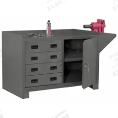 DURHAM MFG Cabinet Workbench: Steel, 48 in x 24 in, 2,000 lb Overall Load Capacity, Gray (MPN 3404-95). Key specifications — Assembly: Fully Assembled; Brand: DURHAM MFG; Included Components: Vice Support Shelf.