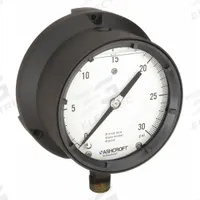 ASHCROFT Process Pressure Gauge: 0 psi to 30 psi, White, 4 1/2 in Dial, 1/2 in NPT Male, Bottom, 4X (MPN 451379ASL04L30#). Key specifications — Brand: ASHCROFT; Pointer Color: Black; Accuracy: ±0.5%; Dial Color: White; Gauge Wetted Parts: Brass / Bronze; Case Material: Epoxy-Coated Aluminum; Vibration Resistance Properties: Liquid-Filled; Pressure Range: 0 psi to 30 psi.
