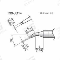 HAKKO Soldering Tip: T39 Series, Bent Chisel, 1.4 mm W, 12 mm Lg (MPN T39-JD14). Key specifications — Brand: HAKKO; Compatible Handpiece Manufacturer Model Number: FX-9702; Manufacturer Part Number: T39-JD14.