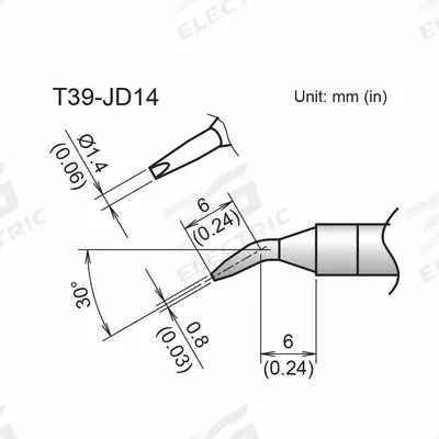 HAKKO Soldering Tip: T39 Series, Bent Chisel, 1.4 mm W - T39 Series Soldering Tips