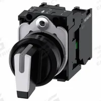 SIEMENS Selector Switch: 22 mm Panel Mounting Size, 3 Positions, Short Lever, 1NO, Non-Metallic (MPN 3SU1100-2BL60-1NA0). Key specifications — AC Contact Rating: 10 A @ 600 V; Action: Maintained/Maintained/Maintained; Cam: No Cam Included; DC Contact Rating: 1 A @ 600 V; Hazardous Location Specification: Not Rated; Operator Head Material: Plastic; Operator Head Type: Short-Handled Knob; Operator Illumination: Illuminated.