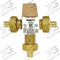 WATTS Thermostatic Mixing Valve: 1/2 in Inlet Connection Size, 1/2 in Outlet Connection Size, Brass (MPN 1/2 LFMMVM1-PEX). Key specifications — attr1037830: Integral Filter Washers; attr1037827: WATTS.