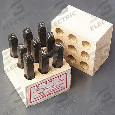 YOUNG BROS. STAMP WORKS Hand Stamp Kit: 0 thru 9 (6 doubles as 9), 1/2 in Character Ht - Sharp-Face Hand Stamps