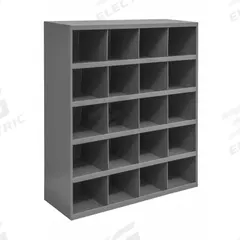 DURHAM MFG Pigeonhole Bin Unit: 34 in x 12 in x 42 in, 20 Compartments, 8 in x 11 7/8 in x 8 1/2 in (MPN 351-95). Key specifications — attr7229: Steel; attr38869: DURHAM MFG; attr38873: Gray.