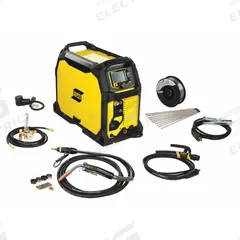 ESAB Multiprocess Welder: Rebel EMP 235ic, DC, MIG/Stick Pack (MPN 0558012702). Key specifications — Maximum Amperage (Stick): 250 A; Maximum Amperage (TIG): 250 A; Input Voltage (Nominal) (Merch - Table Column, Filters): 230V.