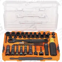 KLEIN TOOLS: 1/4 in, 3/8 in, 1/2 in Drive Size, Small Set (0-50 pieces) Set Size, 39 Pieces, 6-Point (MPN 65500KNECT). Key specifications — attr1204251: KLEIN TOOLS; attr1215453: 1/4 in, 3/8 in, 1/2 in; attr1215454: 8 mm to 18 mm.