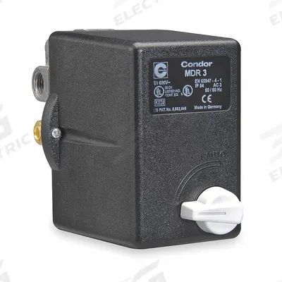 CONDOR USA, INC Pressure Switch: Std, 60 psi – 232 psi, (3) 1/4" FNPT/3/8" FNPT - Motor Overload-Protected Pressure Switches for Air & Water