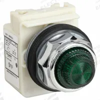 SCHNEIDER ELECTRIC Pilot Light: 30 mm Panel Mounting Size, Green, LED, 9001K Series (MPN 9001KP38LGG31). Key specifications — Series: 9001K; Brand: SCHNEIDER; Includes Push-To-Test: No Push-To-Test Included.