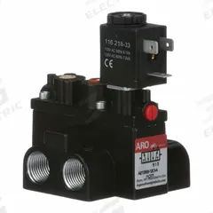 ARO Solenoid Air Control Valve: Alpha, Four-Way / Two-Position, 120V AC, 3/8 in Female NPT, 150 psi (MPN A213SS-120-A). Key specifications — attr1092969: Non-Locking; attr1086920: A213SS-120-A; attr1092977: Spring Return.