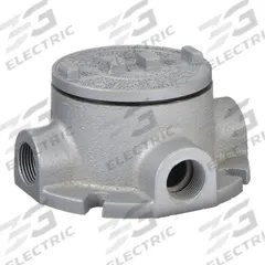 Conduit Outlet Body: Aluminum, GRF, 3/4 in Trade Size, T Body, 18 cu in Body Capacity (MPN GRFT75-A). Key specifications — Series: For Standard Body; Compatible Conduit Trade Size: 3/4 in; Thread Gender: Female; Hub Style: Threaded; Cover Included: Yes; Body Style: T; Connection Type: Threaded; Back Type: Flat.