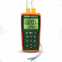 EXTECH Thermocouple Thermometer: -200°F to 1,999°F, 2 Channels, RS-232/SD Card (MPN EA15-NIST). Key specifications — Testing Functions: Average Temperature; Accuracy: ±0.05 % + 1.5 °F/0.75 °C (Type J, K, E, T, N); Brand: EXTECH.