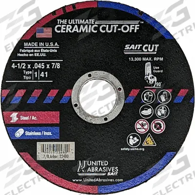 UNITED ABRASIVES-SAIT Abrasive Cutting Wheel: Type 1, 4 1/2" x 0.045" x 7/8", Ceramic, 60 Grit - Cool-Cutting Cut-Off Wheels for Carbon & Stainless Steel