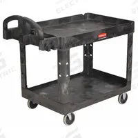 RUBBERMAID COMMERCIAL PRODUCTS Utility Cart: 500 lb, 2 Shelves, 36 in L x 25 in W Self, Black (MPN FG452088BLA). Key specifications — Shelf Color: Black; Brand: RUBBERMAID COMMERCIAL PRODUCTS; Caster/Wheel Configuration: (2) Swivel.