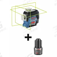 BOSCH Line Laser: 0 Lines and 0 Dots, Green Beam, 2 Planes, 100 - 200 ft Range w/o detector, 0 Dots (MPN GLL3-330CG + BAT414). Key specifications — attr935979: 12V Max Li-Ion; attr934757: BOSCH; attr936112: ±3/32 in @ 30 ft; attr936114: Pendulum Self-Leveling; attr935981: Case.