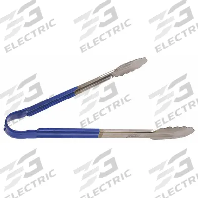 CRESTWARE Uncoated Scalloped Tongs: Stainless Steel Blade, 12 in Overall Lg, Blue