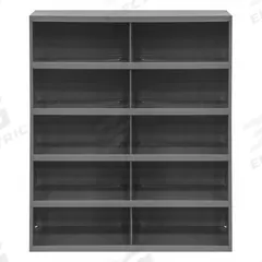 DURHAM MFG Pigeonhole Bin Unit: 34 in x 12 in x 42 in, 10 Compartments, 16 1/4 in x 12 in x 7 1/4 in (MPN 397-95). Key specifications — attr7229: Steel; attr38869: DURHAM MFG; attr38873: Gray.