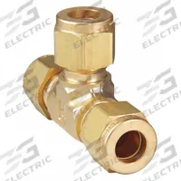 PARKER Compression Tee Fitting: 3/8 in OD x 3/8 in OD x 3/8 in OD Size, Brass, 9/16"-20 Thread Size (MPN 6-6-6 JBZ-B). Key specifications — attr1196838: CPI™; attr1196811: PARKER.