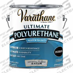 VARATHANE Finish: Finish, Interior, Water, 1 gal Container Size, Wood, Satin, Crystal Clear, Clear (MPN 200231). Key specifications — Brand: VARATHANE; Transparency: Clear; Use Location: Interior; Sheen: Satin; Sub-Brand: Ultimate; Color: Crystal Clear.
