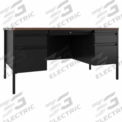 HIRSH Office Desk: Particle Board, Black Matrix/Walnut, 2 Pedestals, 4 Drawers - Pedestal Desks
