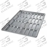 CHICAGO METALLIC Hot Dog Bun Pan: Aluminized Steel, 32 Slots, 19 3/8 in Overall Wd, 22 ga Gauge (MPN 42465). Key specifications — Pan Style: Clustered Hot Dog Bun Pan; Brand: CHICAGO METALLIC; Color: Silver; Material: Aluminized Steel; NSF Certified: No; Number of Slots: 32.