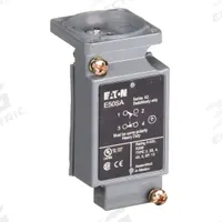 EATON Limit Switch Body: EN50041 Body, 2 Mounting Holes, 1NO/1NC, Metallic (MPN E50SA). Key specifications — Compatible with Series: E50; Brand: EATON; Indicating Light: No Indicating Light Included; Body Material Type: Metallic.