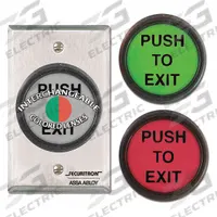SECURITRON Exit Push Button: 4 1/2 in Ht, 5/8 in Dp, 2 3/4 in Wd, ADA Compliant, Green/Red (MPN PB5E). Key specifications — Color: Green; Product Type: Exit Push Button; Operation Type: Push Button; ADA Compliant: Yes; Brand: SECURITRON.