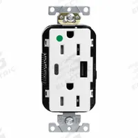 USB Receptacle: Duplex, 5-15R, White, 125V AC, 15 A (MPN M56AC-HGW). Key specifications — Brand: LEVITON.