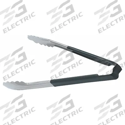 VOLLRATH Uncoated Scalloped Tongs: Stainless Steel Blade, 12 in Overall Lg, Black