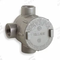 Conduit Outlet Body: Aluminum, GE, 1/2 in Trade Size, T Body, 19 cu in Body Capacity (MPN GECTT-1). Key specifications — Series: For Standard Body; Compatible Conduit Trade Size: 1/2 in; Thread Gender: Female; Hub Style: Threaded; Cover Included: Yes; Body Style: T; Connection Type: Threaded; Back Type: Flat.
