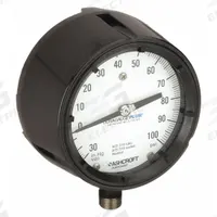 ASHCROFT Process Compound Gauge: 0 psi to 100 psi, White, 4 1/2 in Dial, 1/2 in NPT Male, Bottom (MPN 451279SS04LXLLVAC/100). Key specifications — Brand: ASHCROFT; Pointer Color: Black; Accuracy: ±0.5%; Dial Color: White; Gauge Wetted Parts: Stainless Steel; Case Material: Phenolic; Vibration Resistance Properties: Dry Case Vibration-Dampened; Pressure Range: 0 psi to 100 psi.