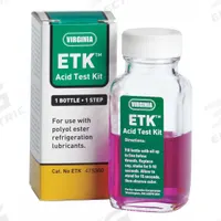VIRGINIA KMP Acid Test Kit: Onsite, Acid Level, 1 Tests, Color Change (MPN ETK). Key specifications — Includes: Color Comparison Chart; For Lubricant Type: Polyol Ester; Brand: VIRGINIA KMP; Indication Method: Color Change; Test Type: Acid Level; Flammability: Flammable; Product Type: Acid Test Kit.