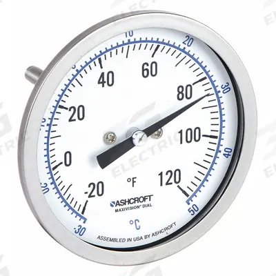 ASHCROFT Dial Thermometer: -20°F to 120°F /-30°C to 50°C, ±1% Accuracy - Back-Mount Fixed-Angle Thread-Mount Dial Thermometers