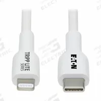 EATON TRIPP LITE Usb Cable: Type C End 1, Lightning End 2, White, 6.6 ft Lg, 2.0 USB Specification (MPN M102AB-02M-WH). Key specifications — attr1025998: Type C; attr126167: White; attr131764: EATON TRIPP LITE; attr1026008: PVC; attr1032475: USB Cable; attr1026001: Lightning.