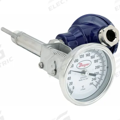 Dwyer Dial Thermometer With Process Output: 0°F to 250°F, +/- 1% Accuracy, 2.5 in Stem Lg - Thread-Mount Transmitting Dial Thermometers