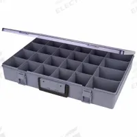 FLAMBEAU Compartment Box: 18 1/2 in x 13 in x 3 in, Gray, Not Electrostatic Discharge Conductive (MPN 1024-2). Key specifications — ESD Conductive: Not Electrostatic Discharge Conductive; Color: Gray; Compartment WxD: (4) 4 in x 3 in; Brand: FLAMBEAU; Material: Plastic.