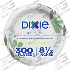 DIXIE Disposable Plate: Brown/Green, Medium-Wt, 8 1/2 in Disposable Plate Size, 300 PK (MPN UX9P300). Key specifications — attr553080: Round; attr553063: Uncoated/Unlined; attr553071: Paper; attr553072: Yes; attr553076: Pathways; attr553078: Salad Plate; attr553062: DIXIE.