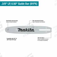 MAKITA Chainsaw Bar: 10 in Compatible Bar Lg, 3/8 in, 0.05 in Gauge, 40 Links (MPN E-12734). Key specifications — Brand: MAKITA; Compatible Chain Saw Manufacturer: Makita; Pitch: 3/8 in.