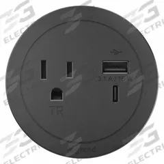 LEGRAND Furniture Power Outlet: 1 Outlets, 10 ft Cord Lg, Black, 5-15R, 3 in Wd, Recessed Mounting (MPN RFPCRUAUC-BK10). Key specifications — Shape: Round; Brand: LEGRAND; USB Connectors Included: Type A; Mounting Style: Recessed.