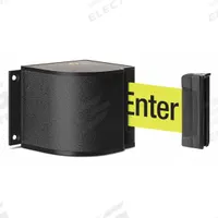 LAVI Retractable Belt Barrier: Fixed Mounting Plate, 18 ft Belt Lg, Caution Messaging, Yellow (MPN 50-3015WB/18/FY/F6). Key specifications — Message Color: Black; Frame Color: Black; Brand: LAVI; Belt Color: Yellow.