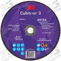 3M CUBITRON 3 Cut-Off and Grinding Wheel: Type 27, 9" x 1/8" x 7/8", Ceramic, 36 Grit (MPN 89164). Key specifications — Brand: 3M CUBITRON 3.