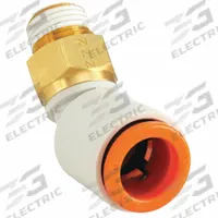 SMC Push-Fit Elbow Fitting: 3/8 in OD x 1/8 in OD Size, Push-to-Connect x MNPT, Brass, White (MPN KQ2K11-34AS). Key specifications — Brand: SMC; Thread Size A: 1/8".