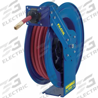 COXREELS Spring Return Hose Reel: 75 ft (3/8 in I.D.), 3/8 in MNPT, 300 psi Max Op Pressure - Controlled-Retraction Air or Water Spring-Return Hose Reels
