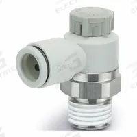 SMC Speed Control Valve: Elbow Fitting, Screw, 3/8 in Valve Body Size, 6 mm Push to Connect Tube (MPN AS3201F-02-06S). Key specifications — attr947203: Brass/PBT; attr947205: SMC.