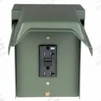 GE Unmetered Surface Power Outlet: 20 A, 120V AC, 5-20R, Includes GFCI (MPN U010010GRP). Key specifications — attr952388: GE; attr981144: Yes; attr981149: Steel; attr981159: 3R.