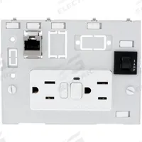 MURRELEKTRONIK Combination Insert: RJ45 Cat5E, (2) NEMA 5-15 GFCI, (1) 3A Fuse, 116 mm x 88 mm (MPN 4000-68000-4110000). Key specifications — Brand: MURRELEKTRONIK; Socket Configuration: (2) NEMA 5-15 GFCI; Resets: (1) 3A Fuse; Data Port Configuration: (1) RJ45 CAT5e; Insert Design: Data & Power Insert with 3A Reset.