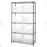 QUANTUM STORAGE SYSTEMS Bin Shelving: 42 in x 18 in x 74 in, 1 Sided, 8 Bins, Open, Clear, 5 Shelves (MPN WR5-700CL). Key specifications — Includes Bins: Yes; Bin Material: Polypropylene; Frame Color: Silver; Bin HxWxD: (8) 12-7/16 in x 19-7/8 in x 15-1/4 in; Frame Material: Steel; Bin Color: Clear; Bin Style: Hang and Stack; Brand: QUANTUM STORAGE SYSTEMS.