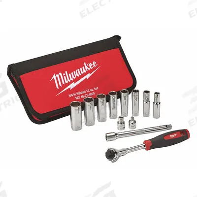 MILWAUKEE Socket Wrench Set: 3/8 in Drive, 12 Piece, 6-Point, SAE - SAE Socket Sets with Drive Tools