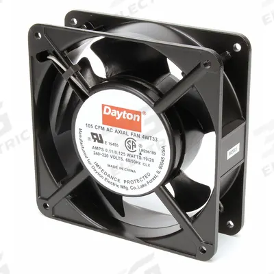 Dayton Axial Fan: 105 cfm Airflow @ 0.000 in SP, 4 11/16 in Ht, 1 1/2 in Dp, Terminals - Standard Square Axial Fans