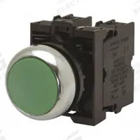 EATON Illuminated Push Button: Illuminated, Flush Profile, Non-Metallic, 22 mm, 2NO (MPN M22-DL-G-K20-G). Key specifications — Brand: EATON; Action: Momentary; Series: M22; Push Button Material Type: Non-Metallic.